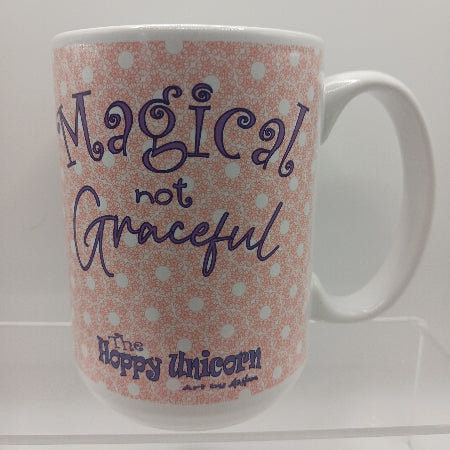 Mug with 'Magical not Graceful' text on a patterned background