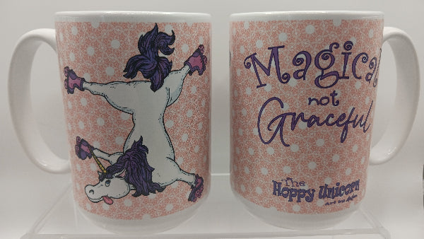 Patterned coffee mug with funny unicorn design and logo.