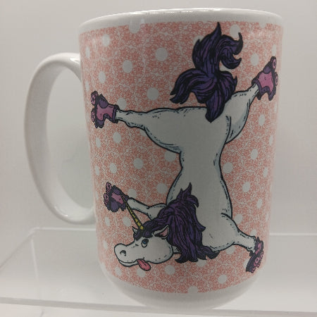 Patterned coffee mug with funny roller skating unicorn design.