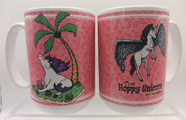 Pink patterned coffee mug with two unique unicorn images.