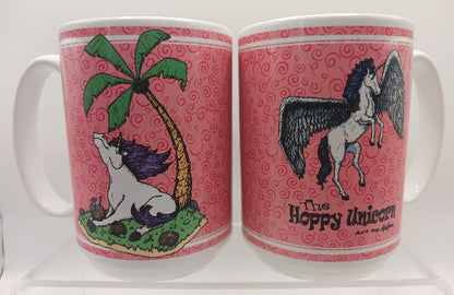 Pink patterned coffee mug with two unique unicorn images.