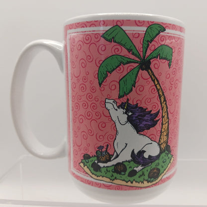 Mug with a colorful design of a unicorn, palm tree, and butterfly on a pink background.