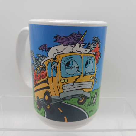 Mug with a colorful design of a unicorn on a school bus against a blue background